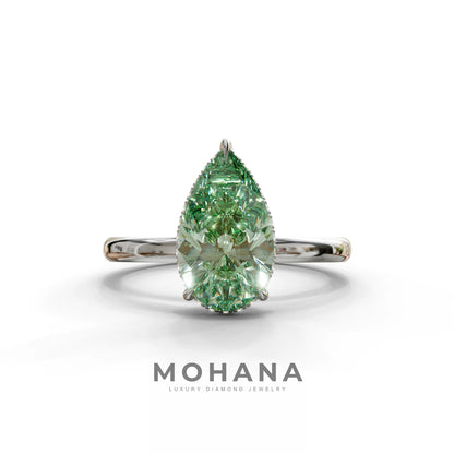 3.5 Carat Green Pear Cut Hidden Halo Lab Diamond Ring - 10K Solid Gold / White Gold