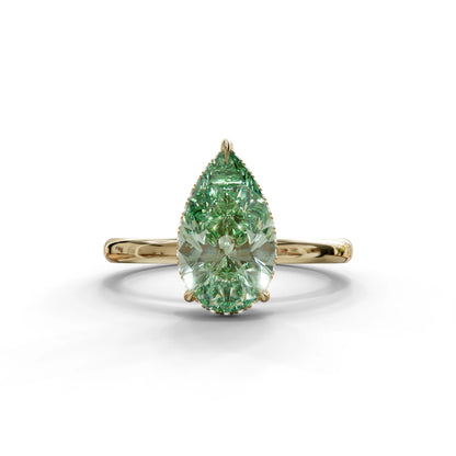 3.5 Carat Green Pear Cut Hidden Halo Lab Diamond Ring - 10K Solid Gold / Yellow Gold