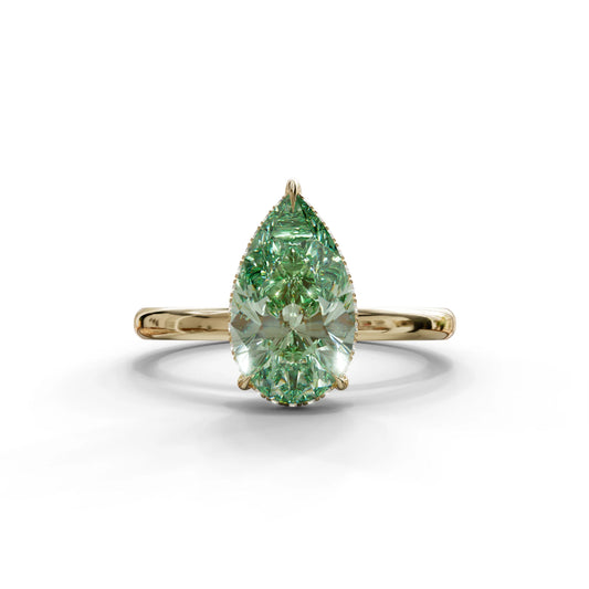 3.5 Carat Green Pear Cut Hidden Halo Lab Diamond Ring - 10K Solid Gold / Yellow Gold