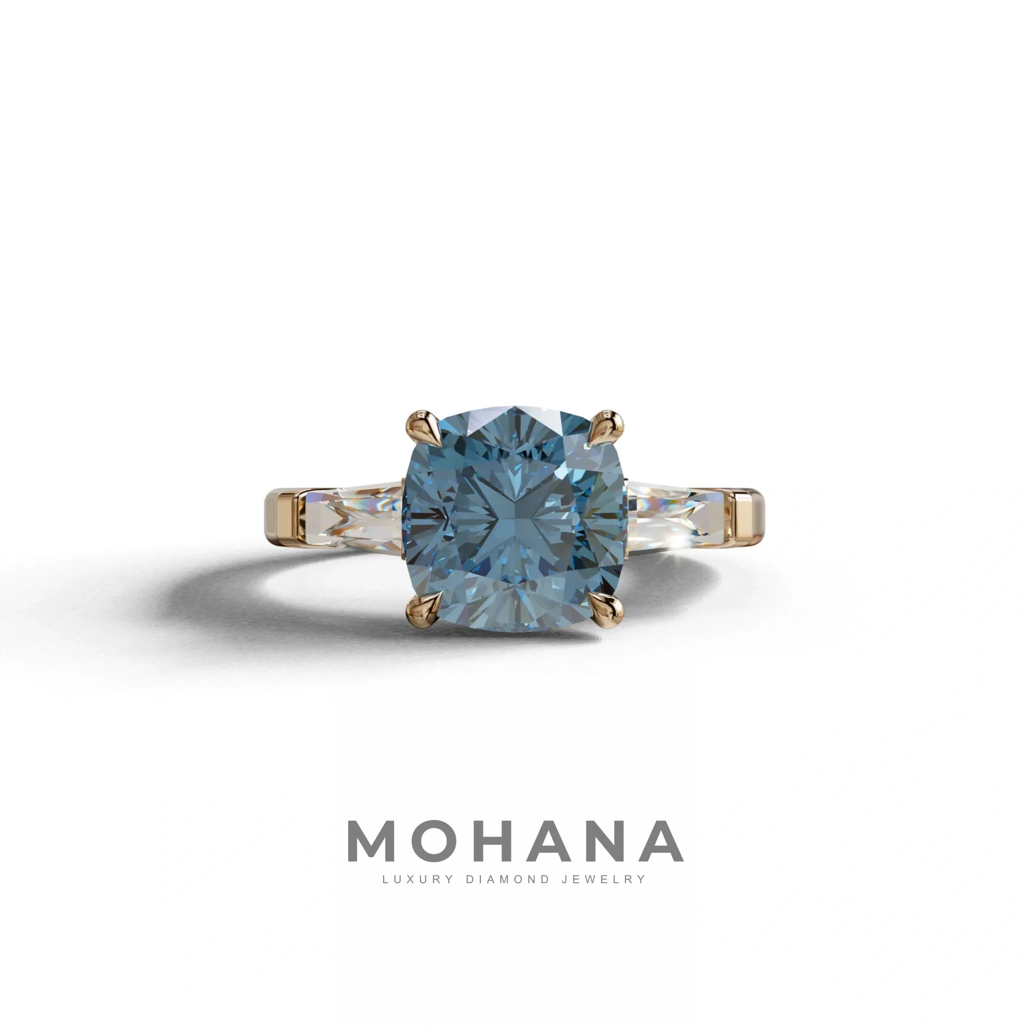 3 Carat Blue Cushion & Tapered Baguette Three Stone Engagement Ring - 10K Solid Gold / Rose Gold