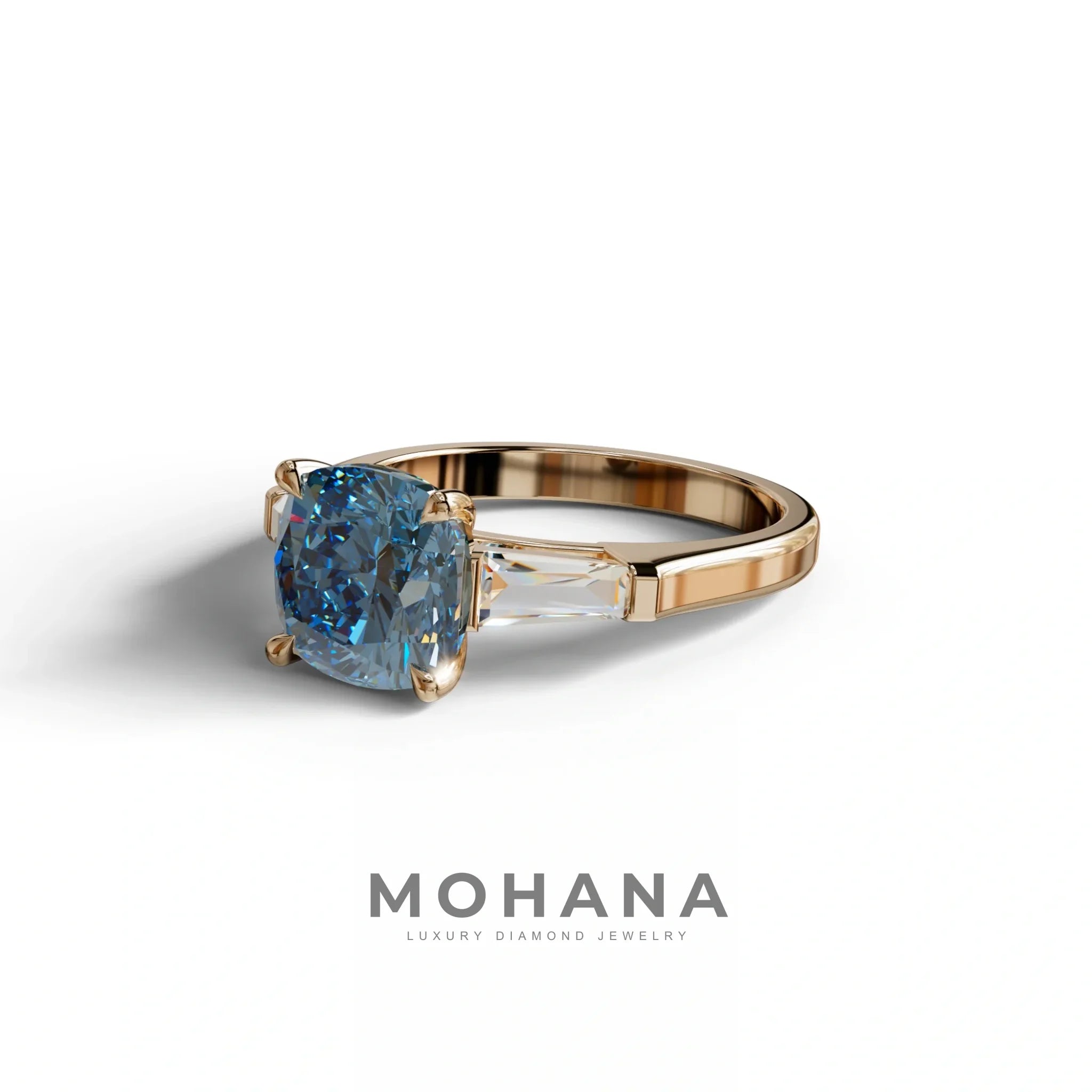 3 Carat Blue Cushion & Tapered Baguette Three Stone Engagement Ring