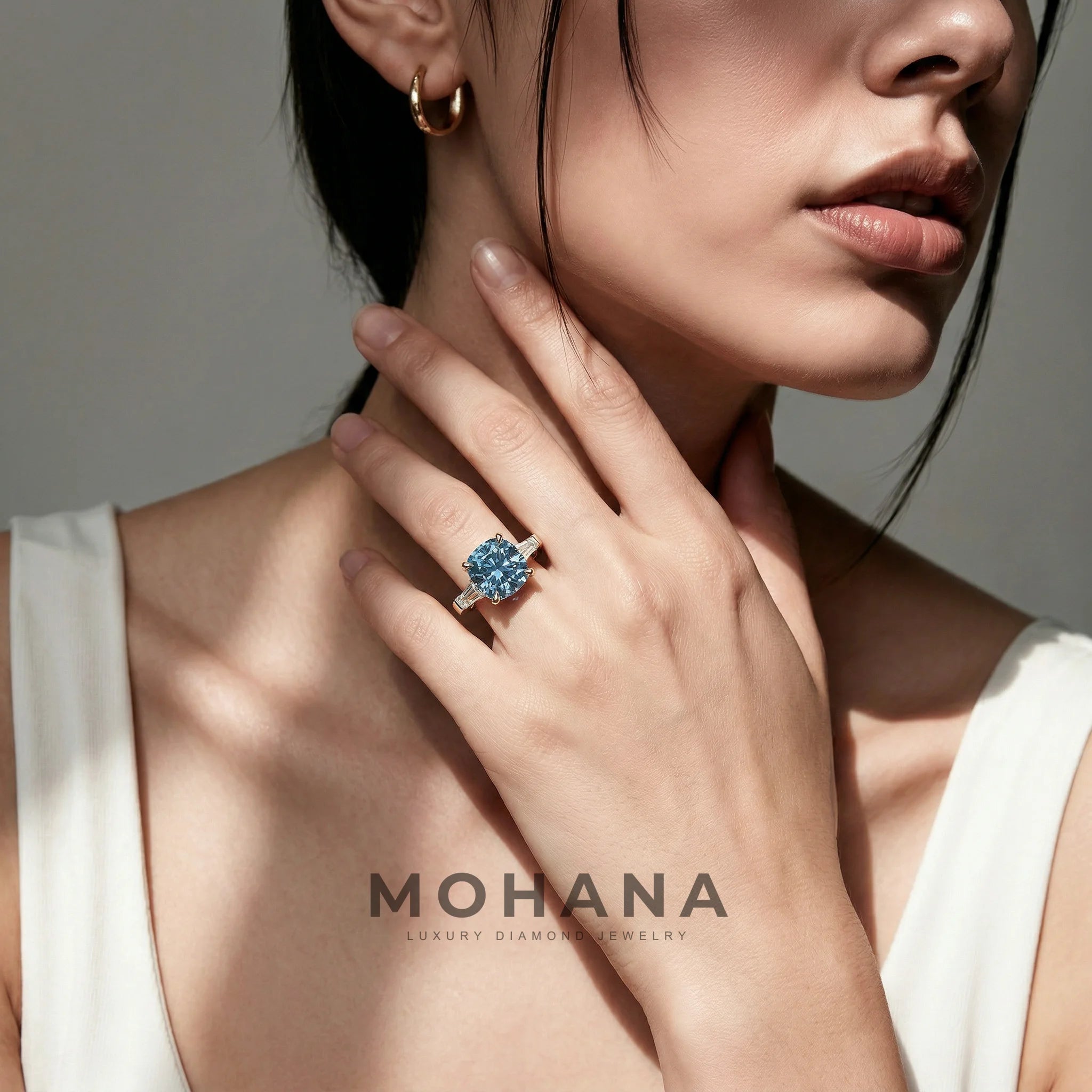 3.75 Carat Fancy Blue Cushion & Tapered Baguette Lab Grown Diamond Three Stone Engagement Ring