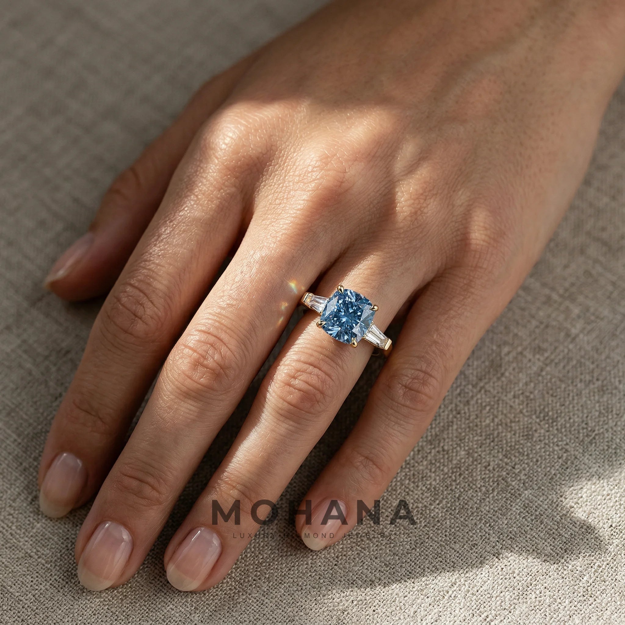 3.75 Carat Fancy Blue Cushion & Tapered Baguette Lab Grown Diamond Three Stone Engagement Ring