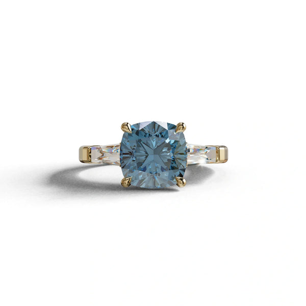 3.75 Carat Blue Lab Grown Diamond Engagement Ring – Cushion Cut Three Stone