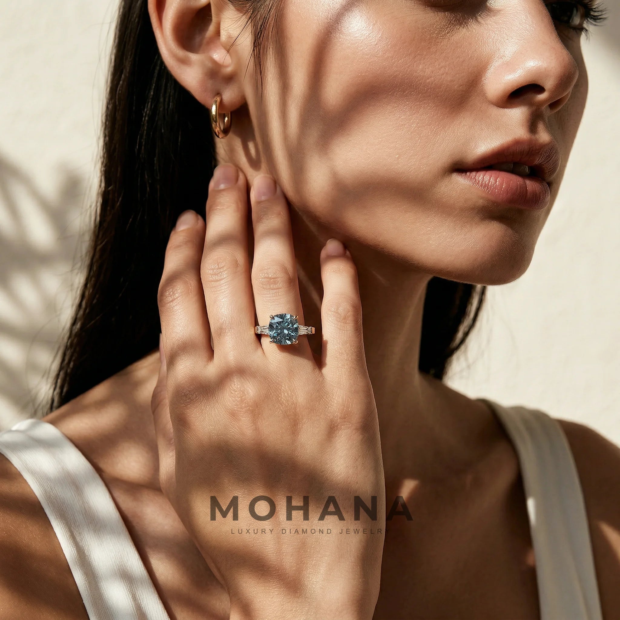 3.75 Carat Fancy Blue Cushion & Tapered Baguette Lab Grown Diamond Three Stone Engagement Ring