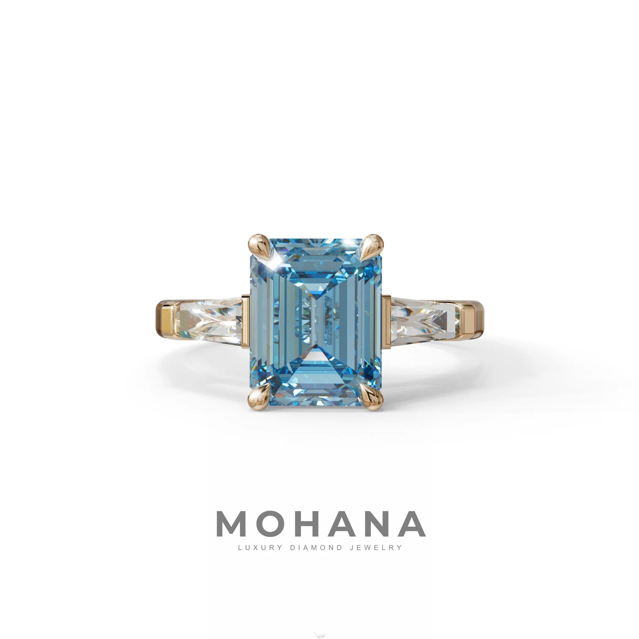 3.75ct Fancy Blue Emerald & Tapered Baguette Three Stone Lab Diamond Ring - 10K Solid Gold / Rose Gold