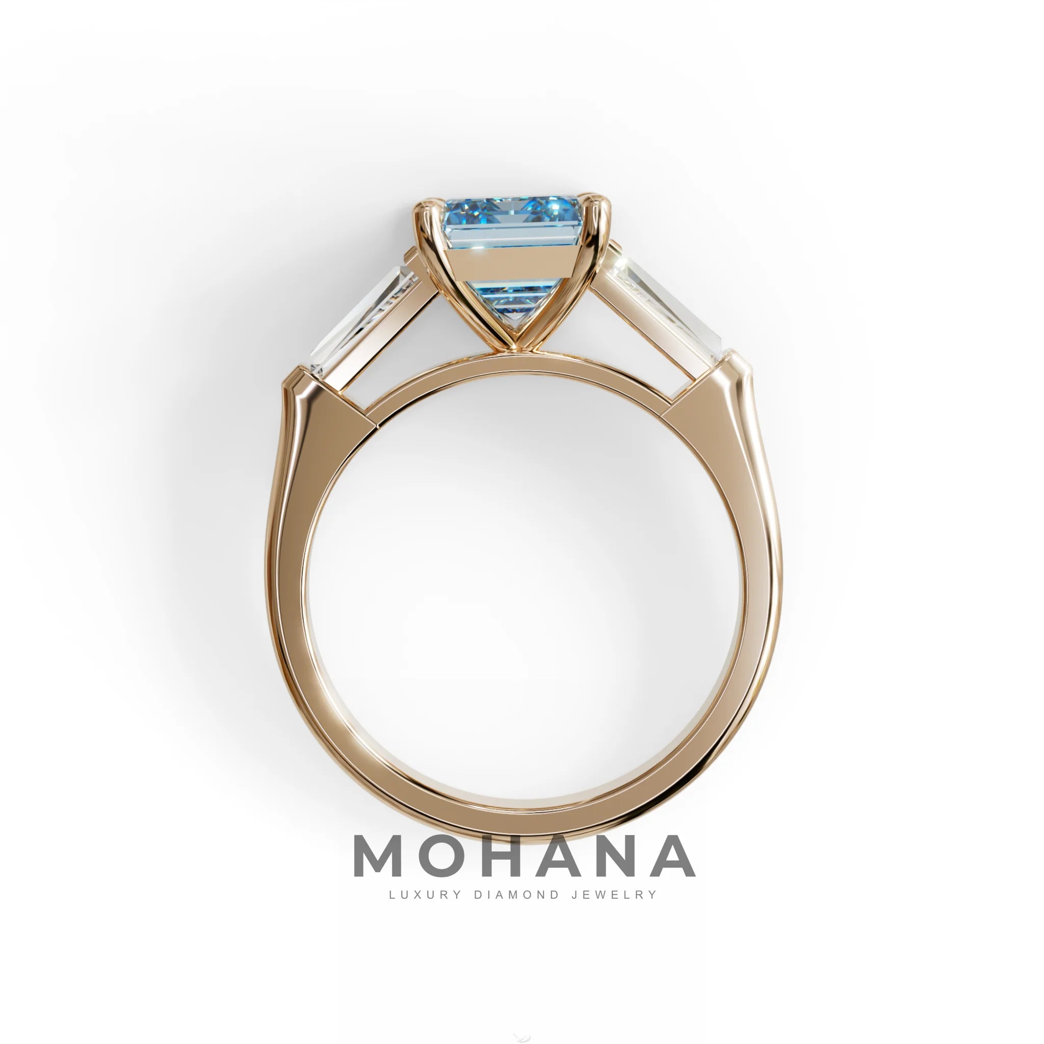 3.75ct Fancy Blue Emerald & Tapered Baguette Three Stone Lab Diamond Ring