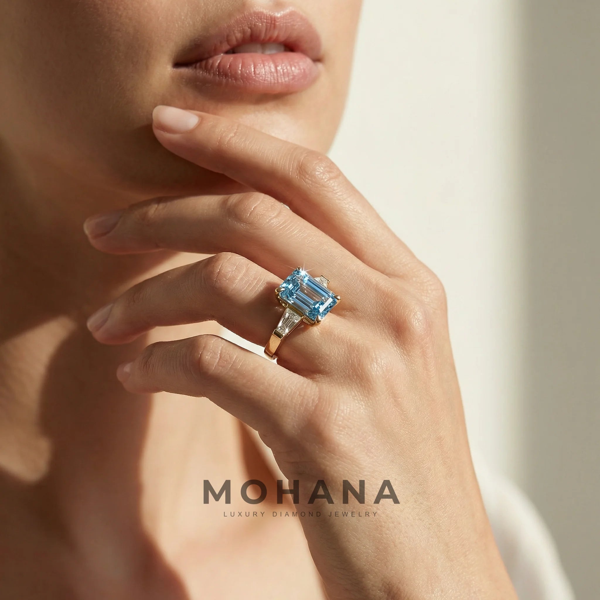 3.75ct Fancy Blue Emerald & Tapered Baguette Three Stone Lab Diamond Ring
