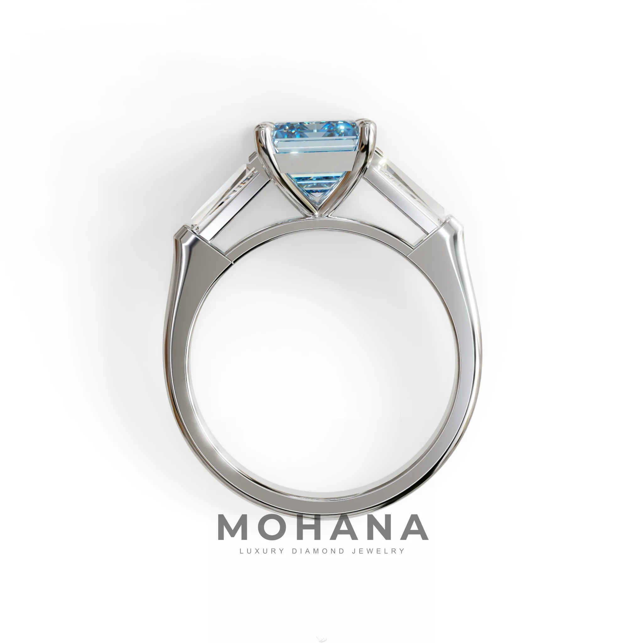 3.75ct Fancy Blue Emerald & Tapered Baguette Three Stone Lab Diamond Ring
