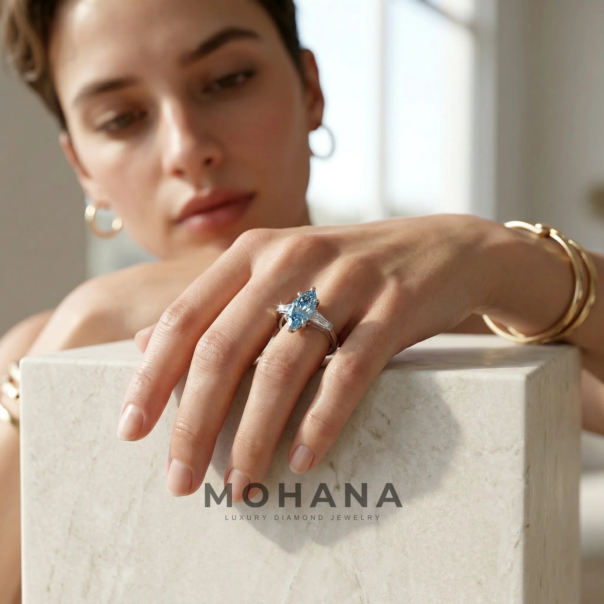 3.75 Carat Fancy Blue Marquise & Tapered Baguette Lab Grown Diamond Three Stone Engagement Ring