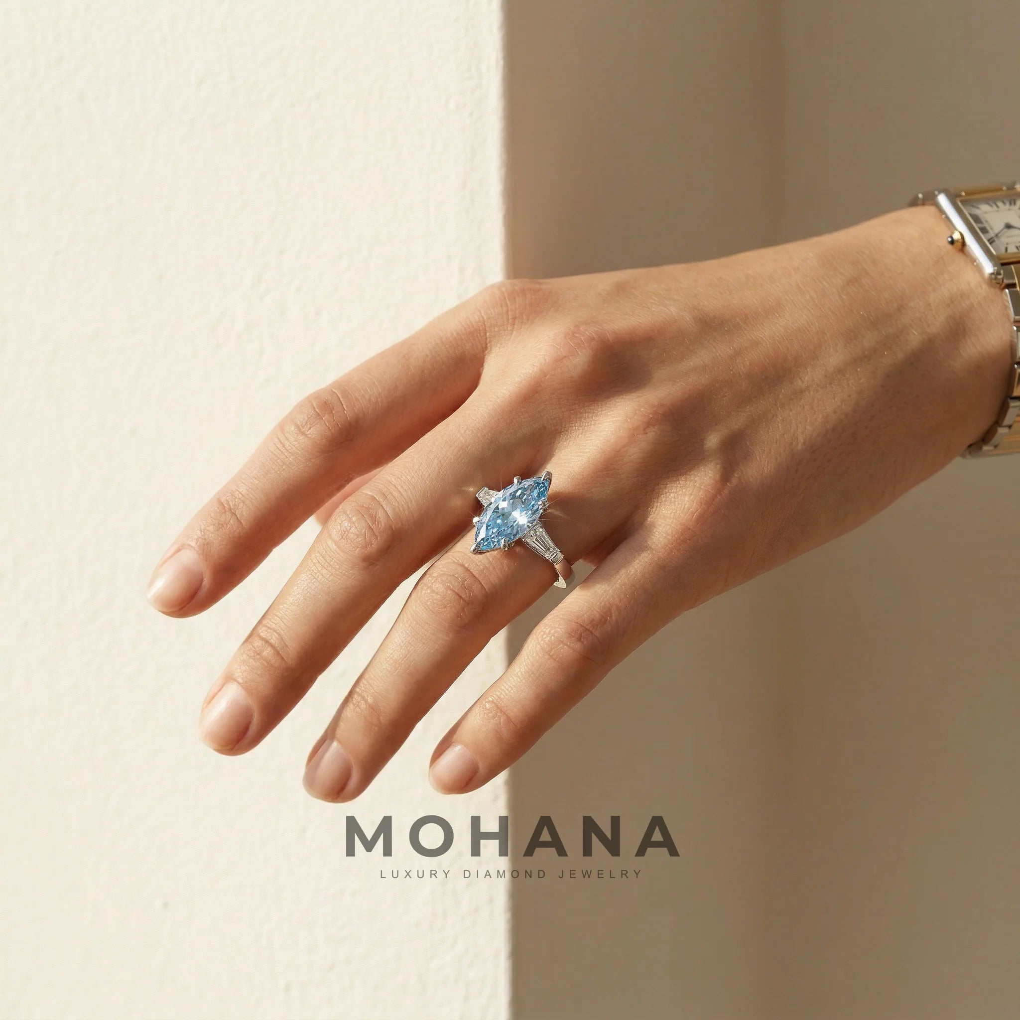 3.75 Carat Fancy Blue Marquise & Tapered Baguette Lab Grown Diamond Three Stone Engagement Ring