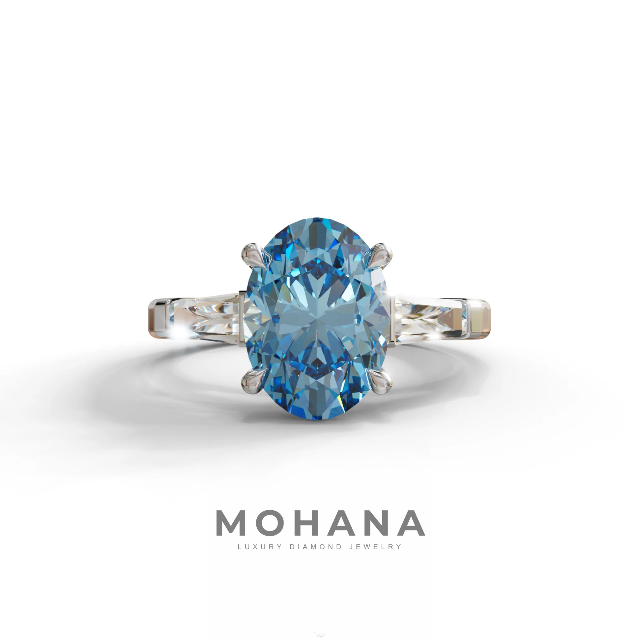 3 Carat Blue Oval & Tapered Baguette Lab Grown Diamond Three Stone Engagement Ring - 10K Solid Gold / White Gold