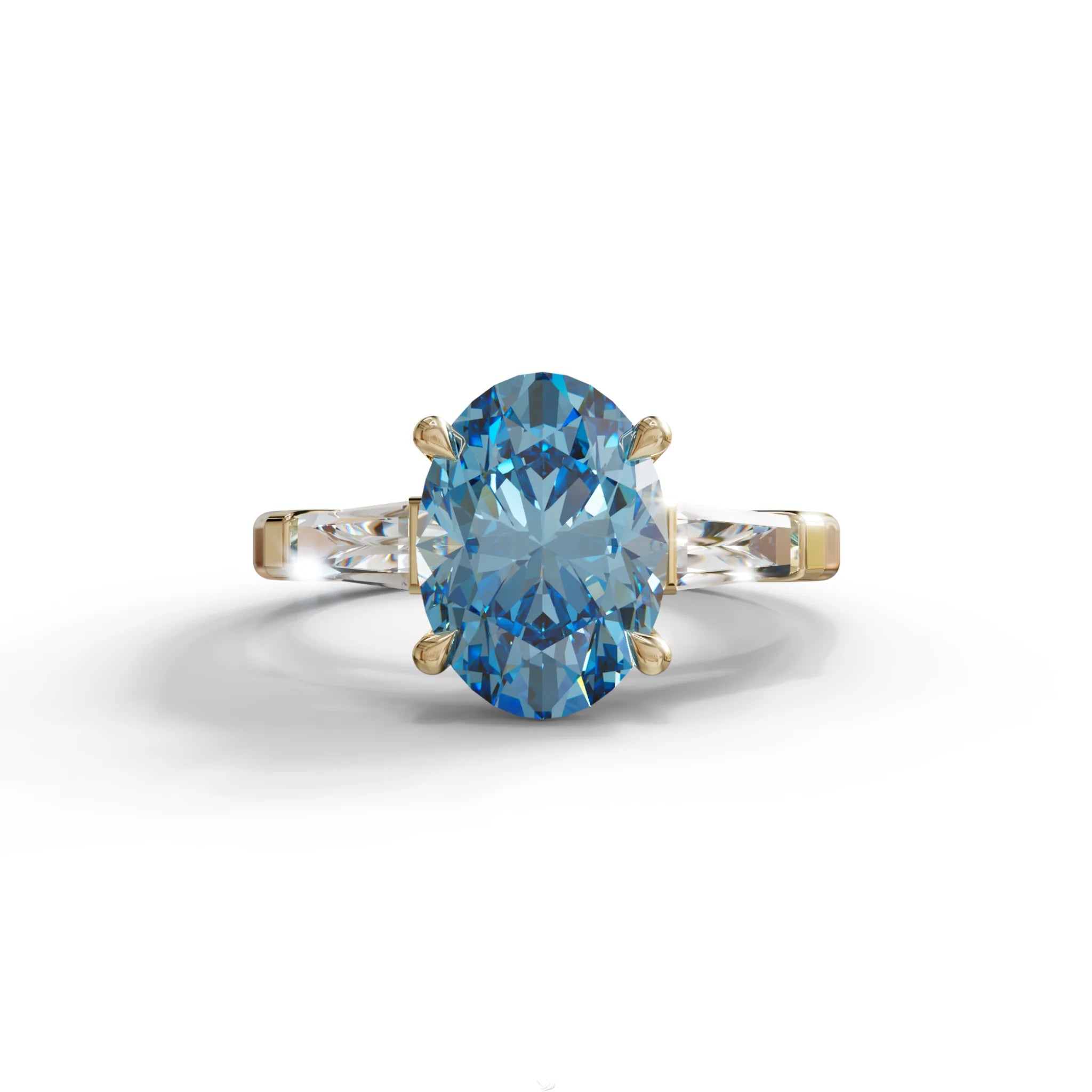 3 Carat Blue Oval & Tapered Baguette Lab Grown Diamond Three Stone Engagement Ring - 10K Solid Gold / Yellow Gold
