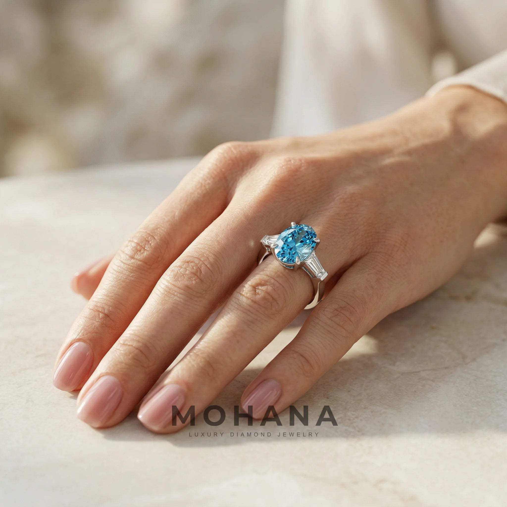 3.75 Carat Fancy Blue Oval & Tapered Baguette Lab Grown Diamond Three Stone Engagement Ring
