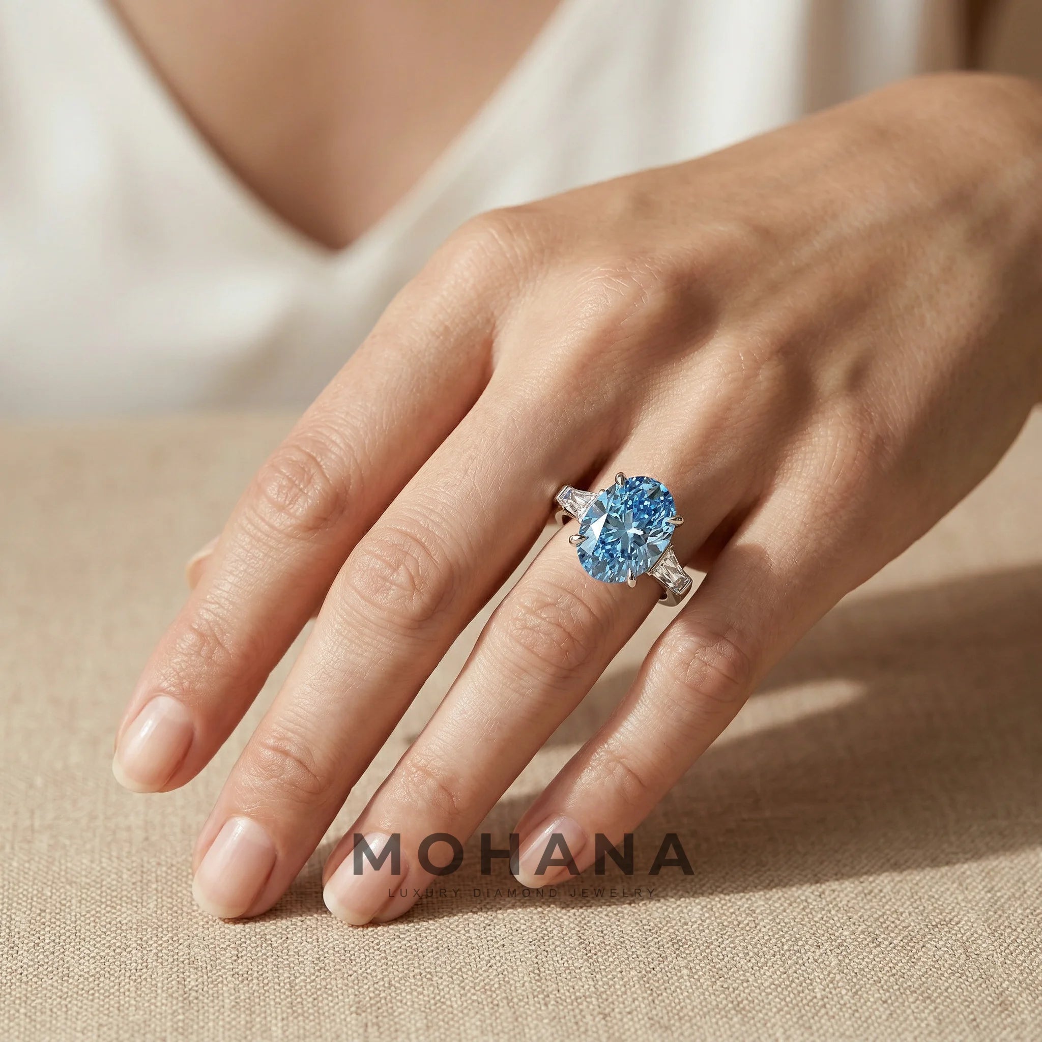 3.75 Carat Fancy Blue Oval & Tapered Baguette Lab Grown Diamond Three Stone Engagement Ring
