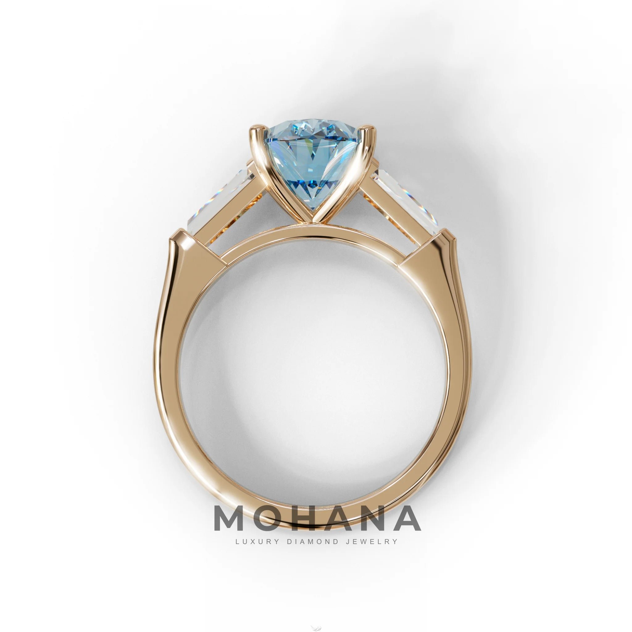 3 Carat Blue Oval & Tapered Baguette Lab Grown Diamond Three Stone Engagement Ring