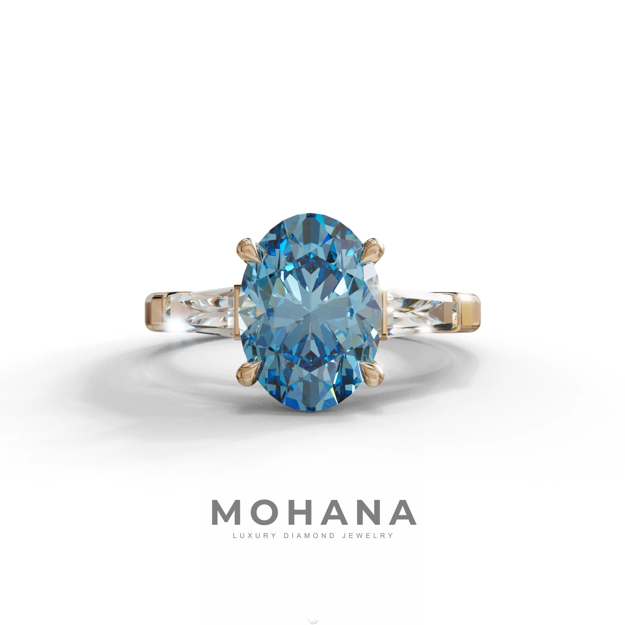 3 Carat Blue Oval & Tapered Baguette Lab Grown Diamond Three Stone Engagement Ring - 10K Solid Gold / Rose Gold
