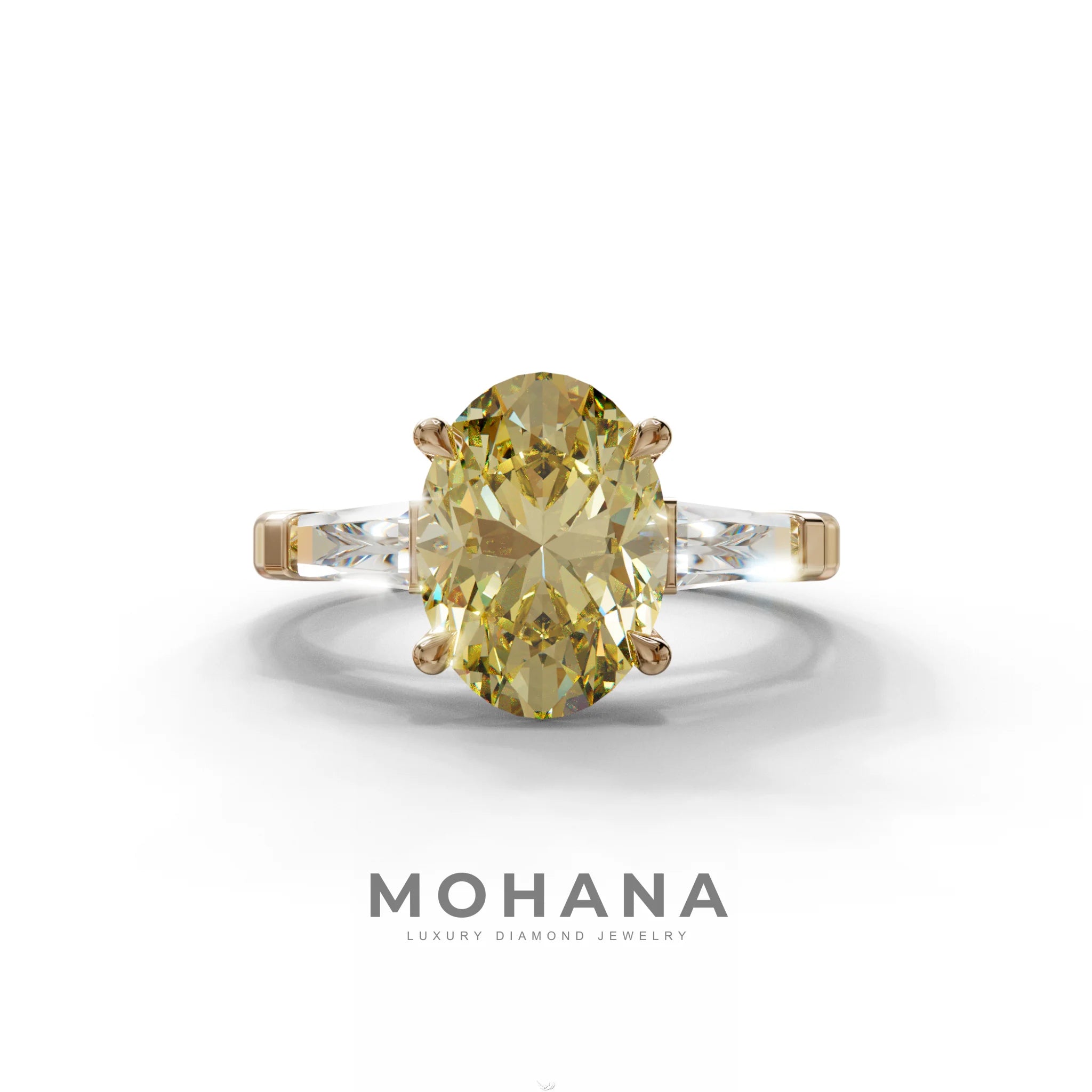 3 Carat Fancy Yellow Oval & Tapered Baguette Lab Grown Diamond Three Stone Engagement Ring - 10K Solid Gold / Rose Gold