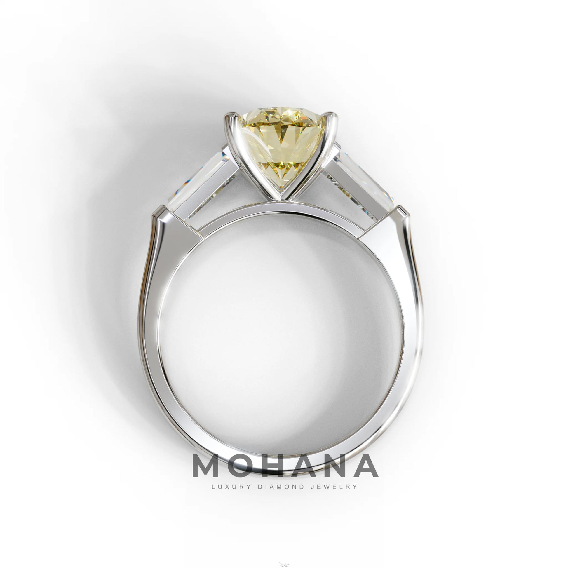 3 Carat Fancy Yellow Oval & Tapered Baguette Lab Grown Diamond Three Stone Engagement Ring