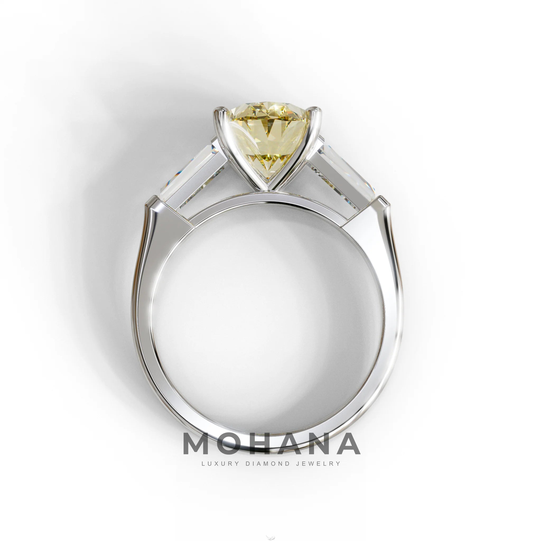 3 Carat Fancy Yellow Oval & Tapered Baguette Lab Grown Diamond Three Stone Engagement Ring