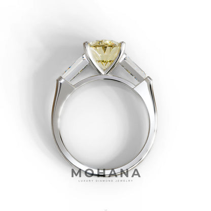 3 Carat Fancy Yellow Oval & Tapered Baguette Lab Grown Diamond Three Stone Engagement Ring