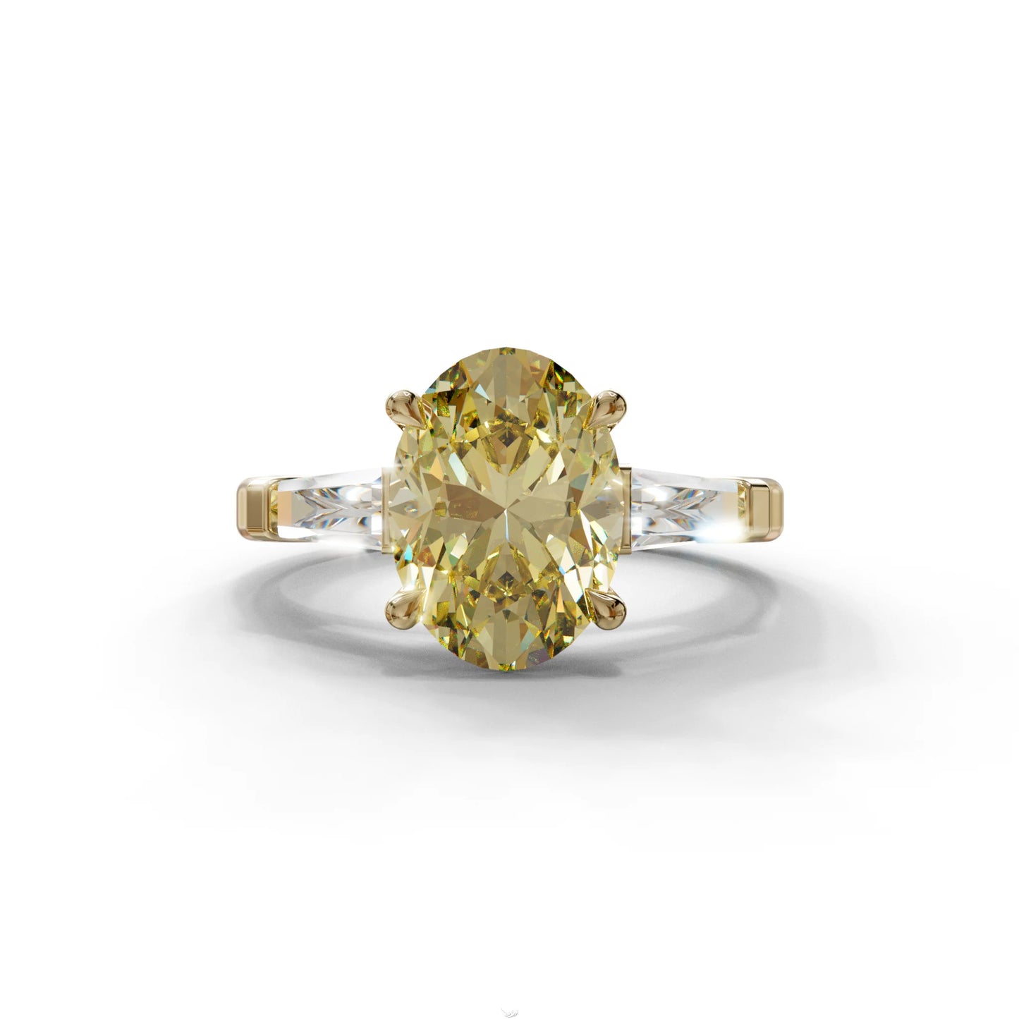 3 Carat Fancy Yellow Oval & Tapered Baguette Lab Grown Diamond Three Stone Engagement Ring - 10K Solid Gold / Yellow