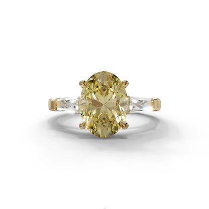 3 Carat Fancy Yellow Oval & Tapered Baguette Lab Grown Diamond Three Stone Engagement Ring - 10K Solid Gold / Yellow