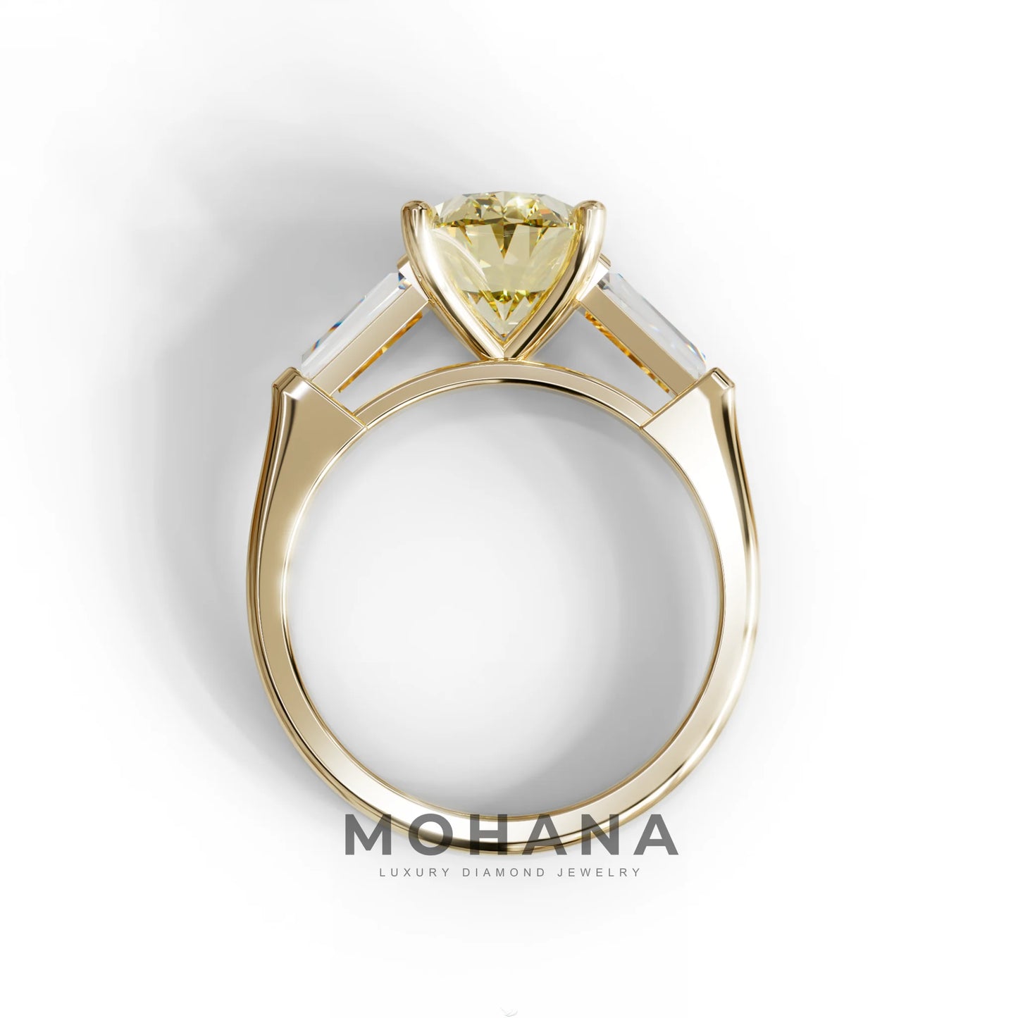 3 Carat Fancy Yellow Oval & Tapered Baguette Lab Grown Diamond Three Stone Engagement Ring