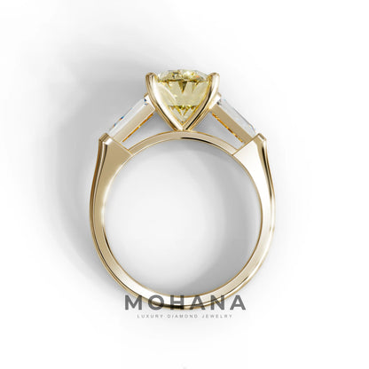 3 Carat Fancy Yellow Oval & Tapered Baguette Lab Grown Diamond Three Stone Engagement Ring