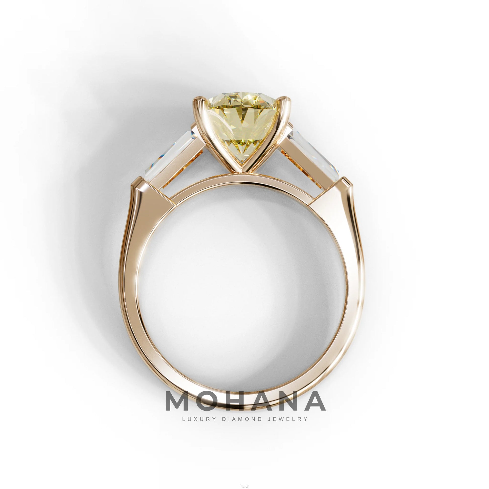 3 Carat Fancy Yellow Oval & Tapered Baguette Lab Grown Diamond Three Stone Engagement Ring