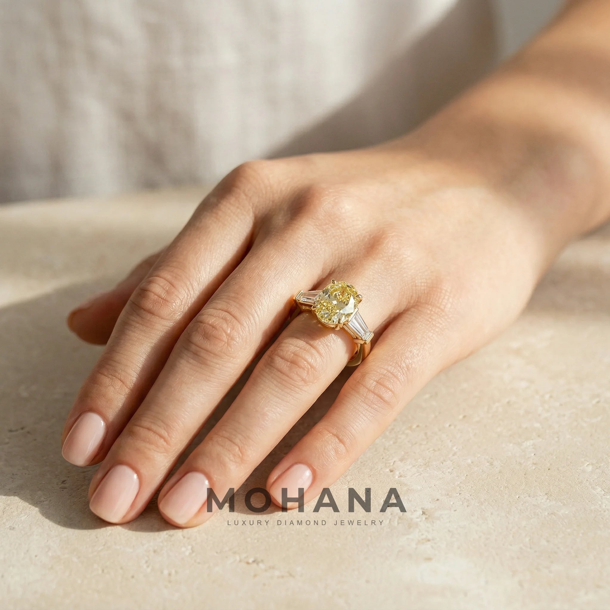 3.75 Carat Canary Yellow Oval & Tapered Baguette Lab Grown Diamond Three Stone Engagement Ring