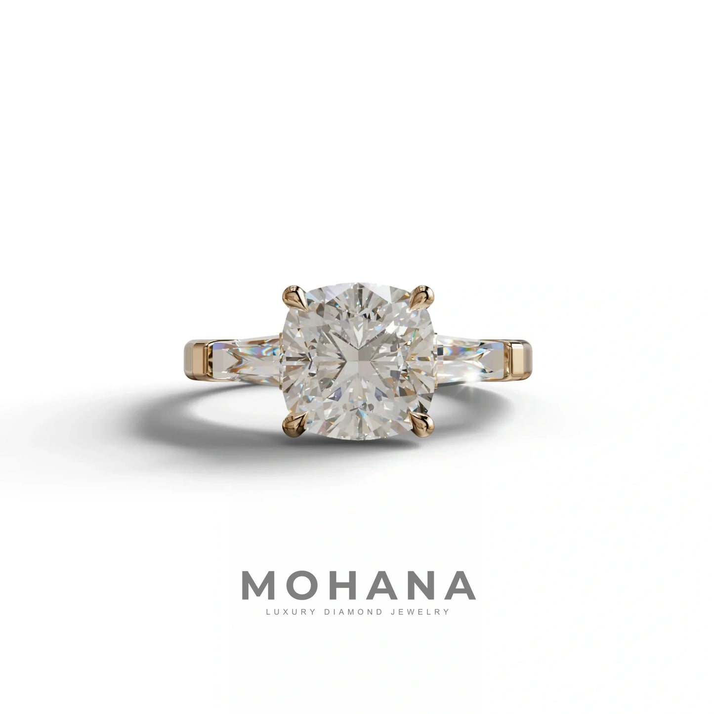 3 Carat E-VVS Cushion & Tapered Baguette Three Stone Engagement Ring - 10K Solid Gold / Rose Gold