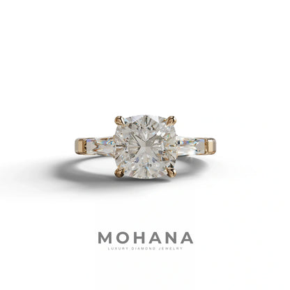 3 Carat E-VVS Cushion & Tapered Baguette Three Stone Engagement Ring - 10K Solid Gold / Rose Gold