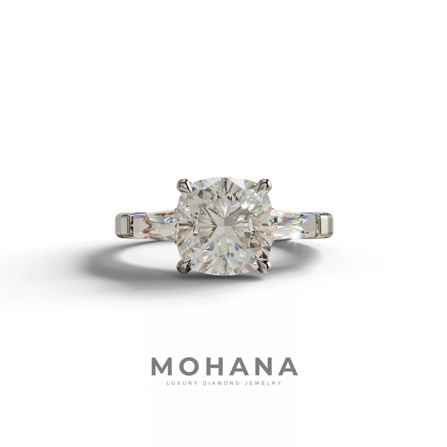 3 Carat E-VVS Cushion & Tapered Baguette Three Stone Engagement Ring - 10K Solid Gold / White Gold