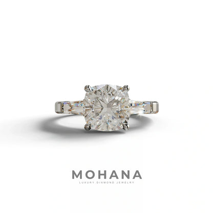 3 Carat E-VVS Cushion & Tapered Baguette Three Stone Engagement Ring - 10K Solid Gold / White Gold