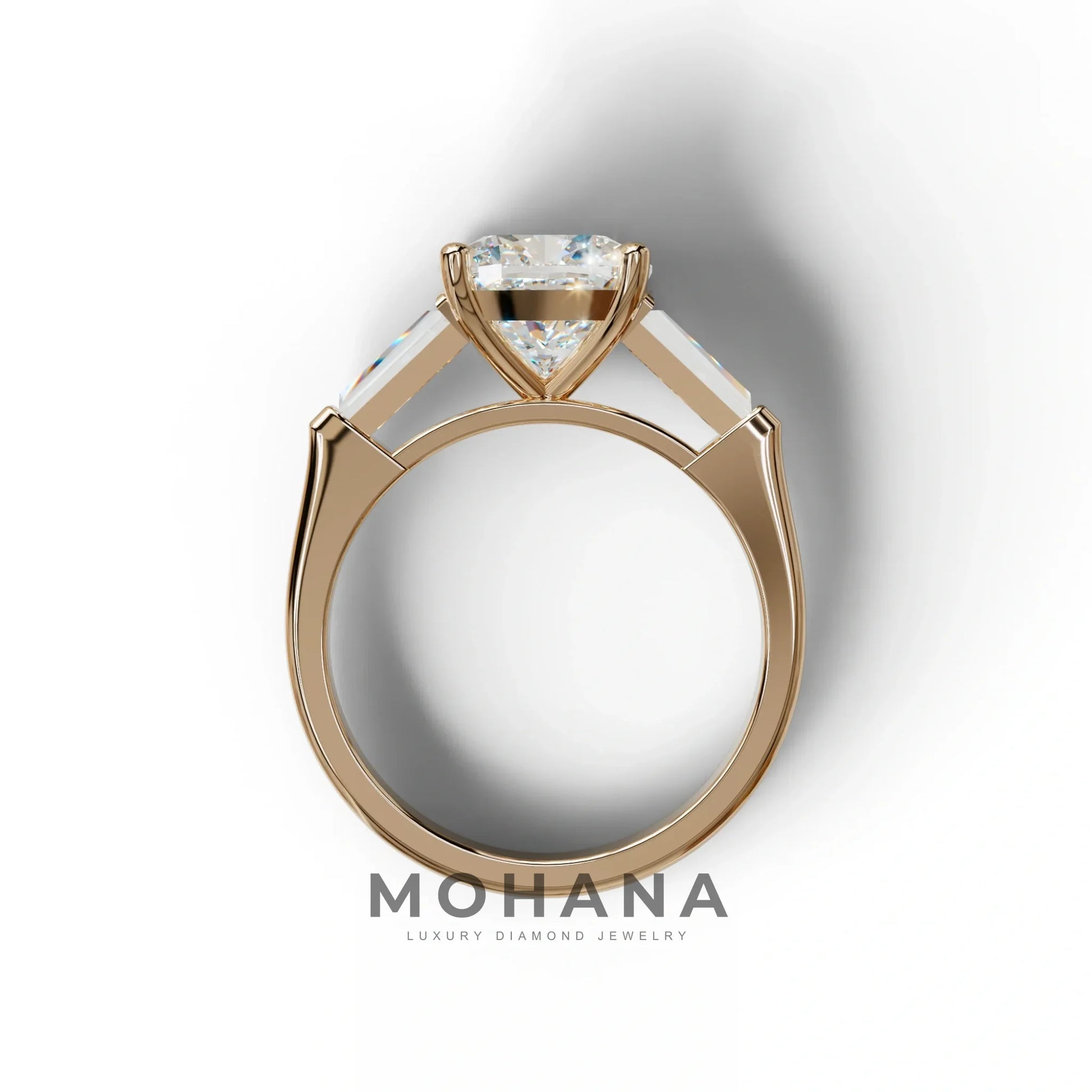 3 Carat E-VVS Cushion & Tapered Baguette Three Stone Engagement Ring