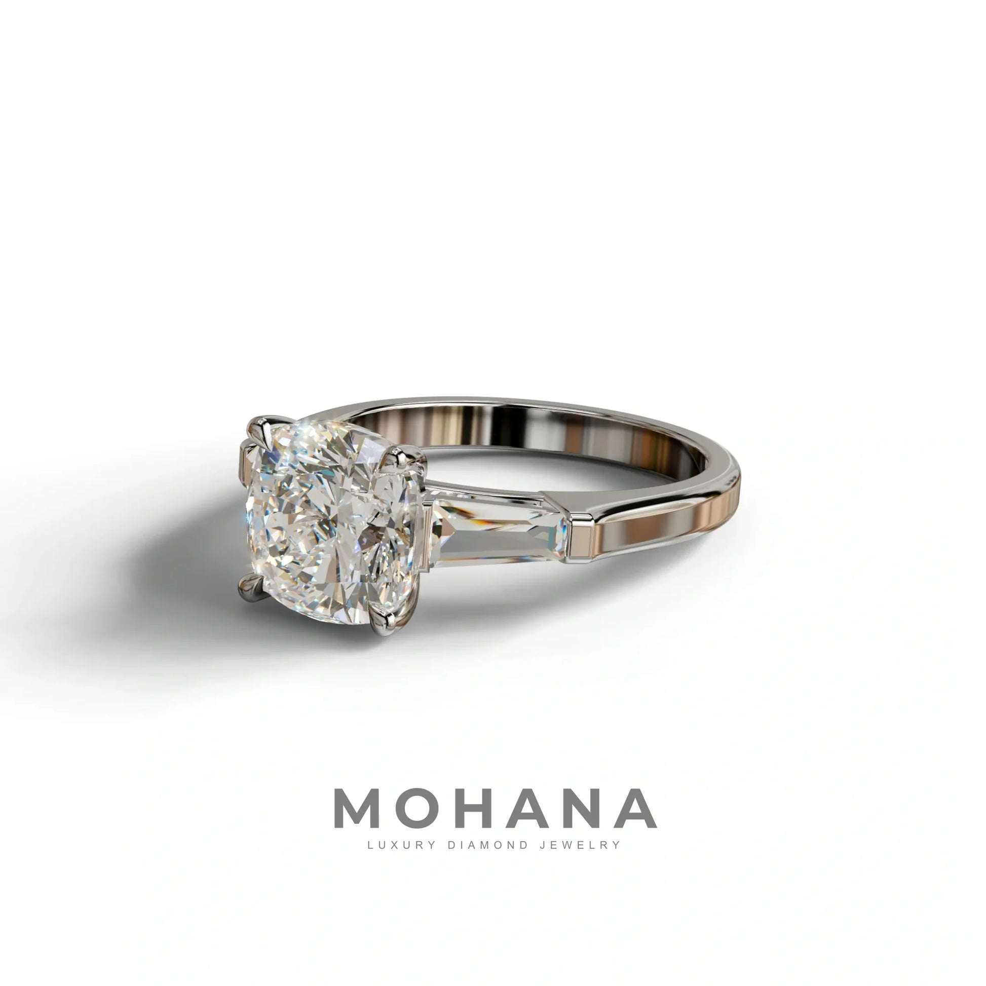 3 Carat E-VVS Cushion & Tapered Baguette Three Stone Engagement Ring