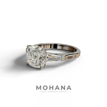 3 Carat E-VVS Cushion & Tapered Baguette Three Stone Engagement Ring