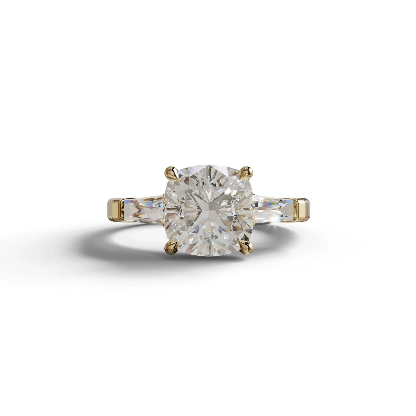 3 Carat E-VVS Cushion & Tapered Baguette Three Stone Engagement Ring - 10K Solid Gold / Yellow Gold