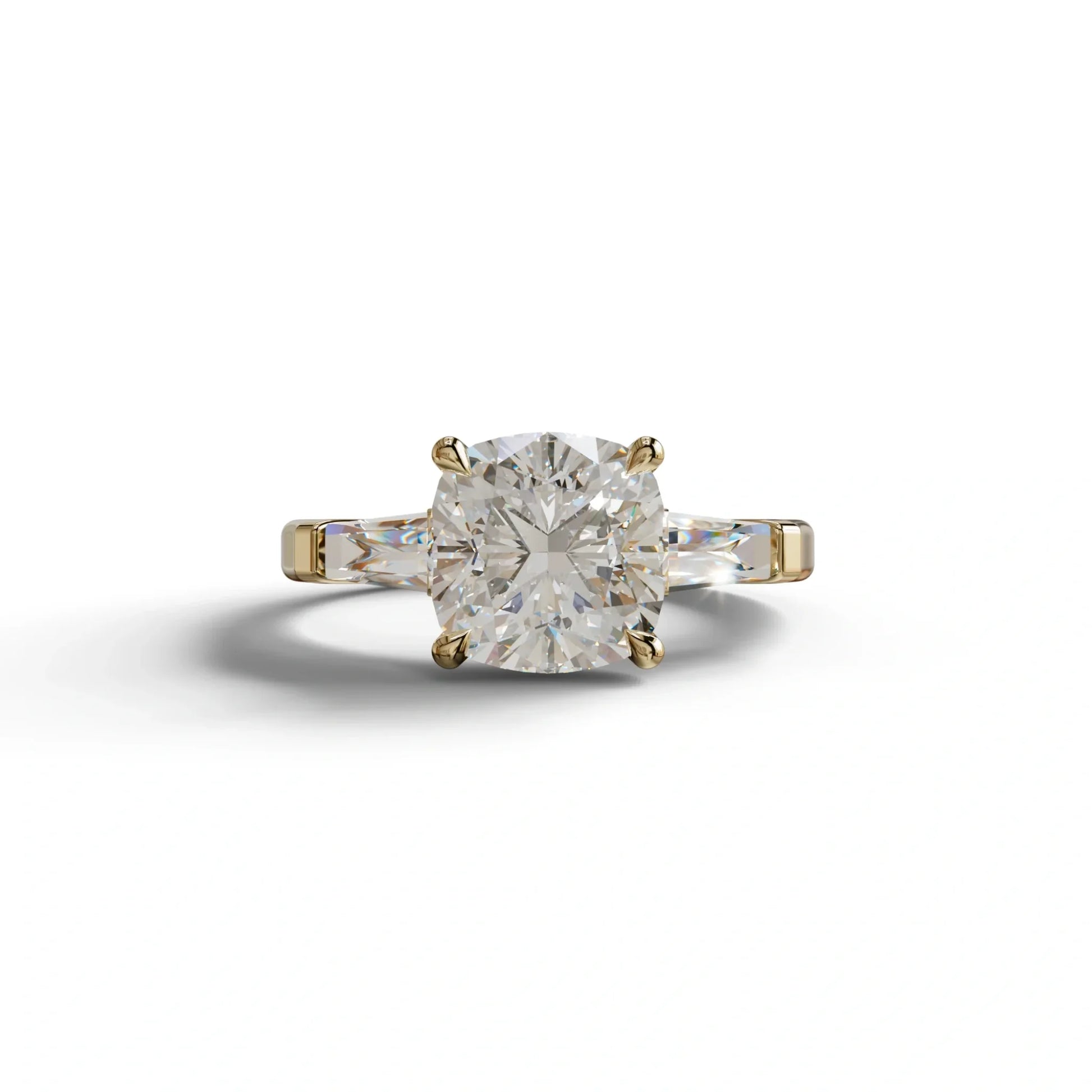 3 Carat E-VVS Cushion & Tapered Baguette Three Stone Engagement Ring - 10K Solid Gold / Yellow Gold