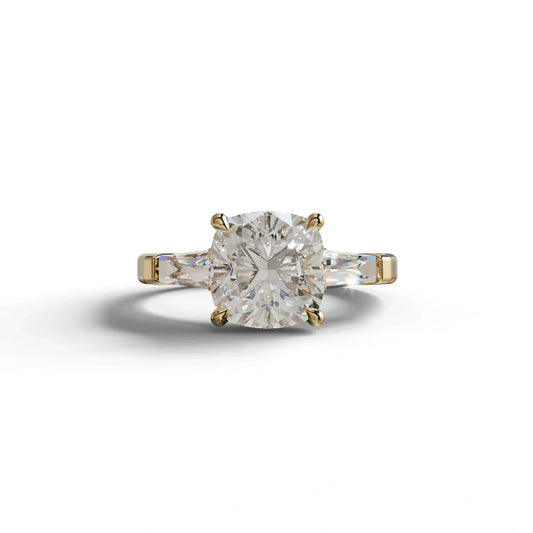 3 Carat E-VVS Cushion & Tapered Baguette Three Stone Engagement Ring - 10K Solid Gold / Yellow Gold