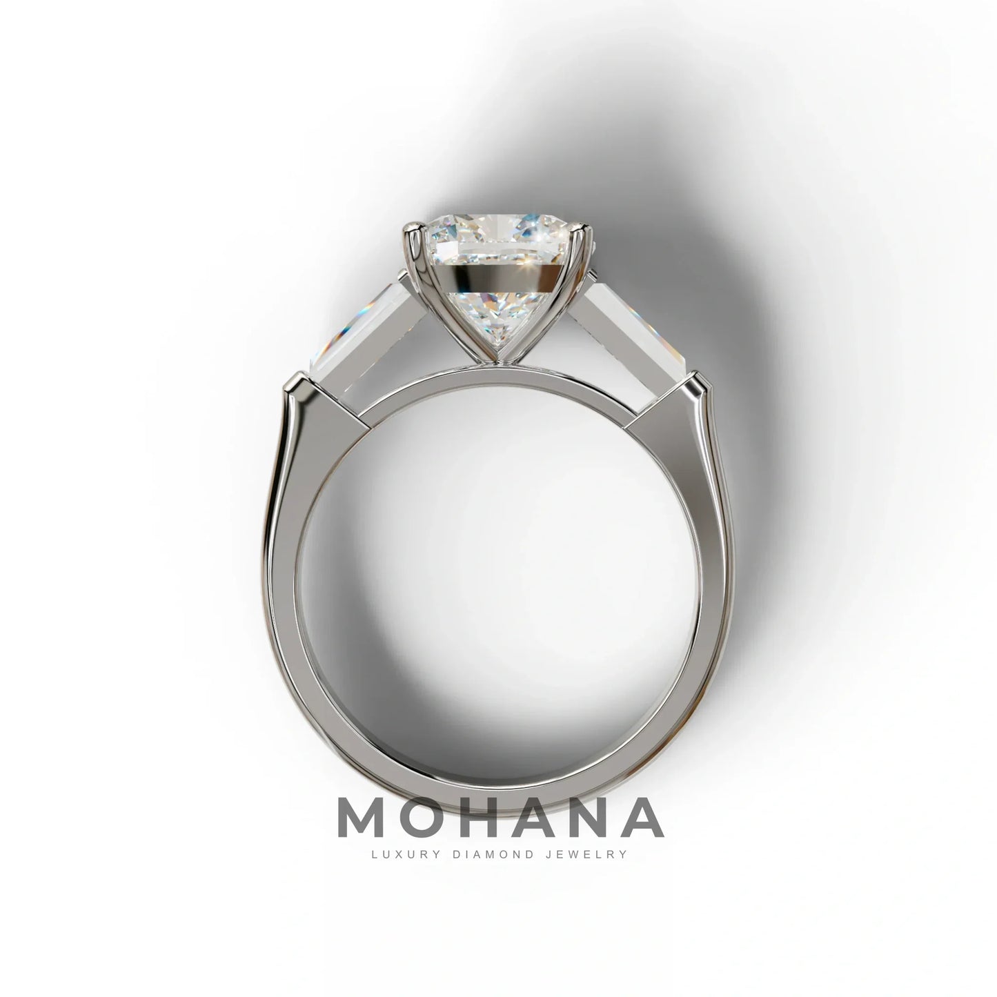 3 Carat E-VVS Cushion & Tapered Baguette Three Stone Engagement Ring