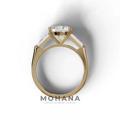 3 Carat E-VVS Cushion & Tapered Baguette Three Stone Engagement Ring