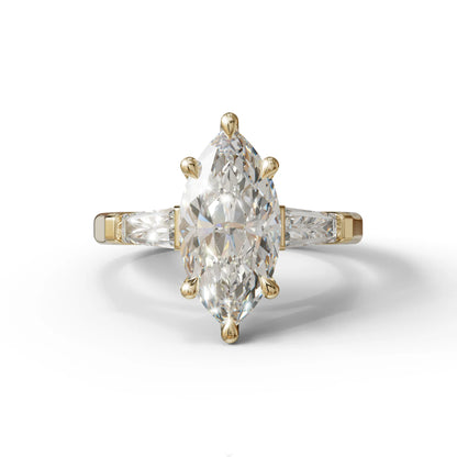 E-VVS Marquise & Tapered Baguette Multi Stone Engagement Ring - 10K Solid Gold / Yellow Gold