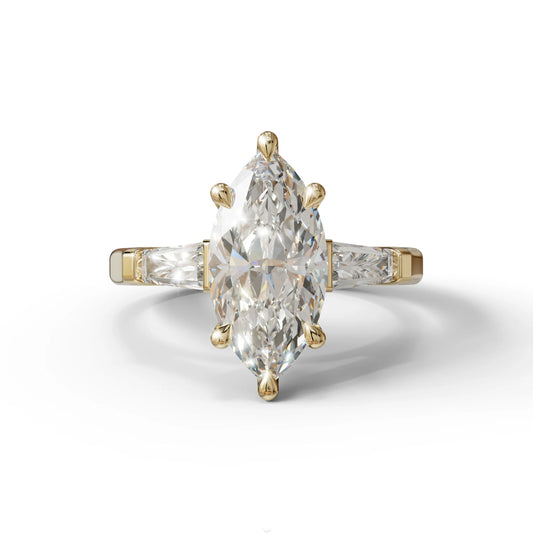 E-VVS Marquise & Tapered Baguette Multi Stone Engagement Ring - 10K Solid Gold / Yellow Gold