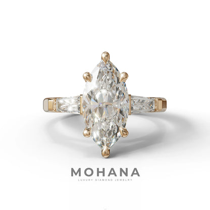 E-VVS Marquise & Tapered Baguette Multi Stone Engagement Ring - 10K Solid Gold / Rose Gold