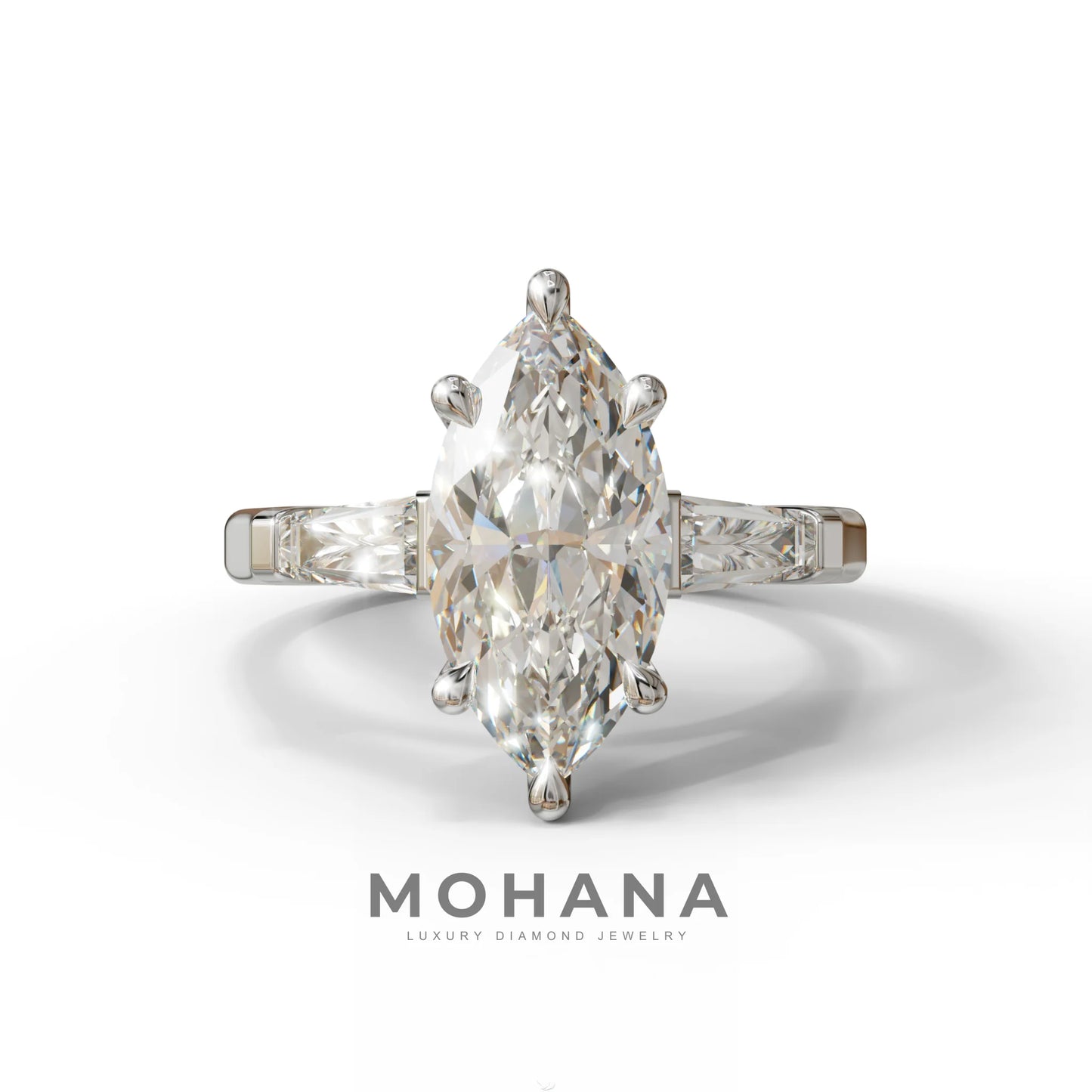 E-VVS Marquise & Tapered Baguette Multi Stone Engagement Ring - 10K Solid Gold / White Gold