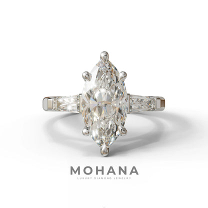 E-VVS Marquise & Tapered Baguette Multi Stone Engagement Ring - 10K Solid Gold / White Gold