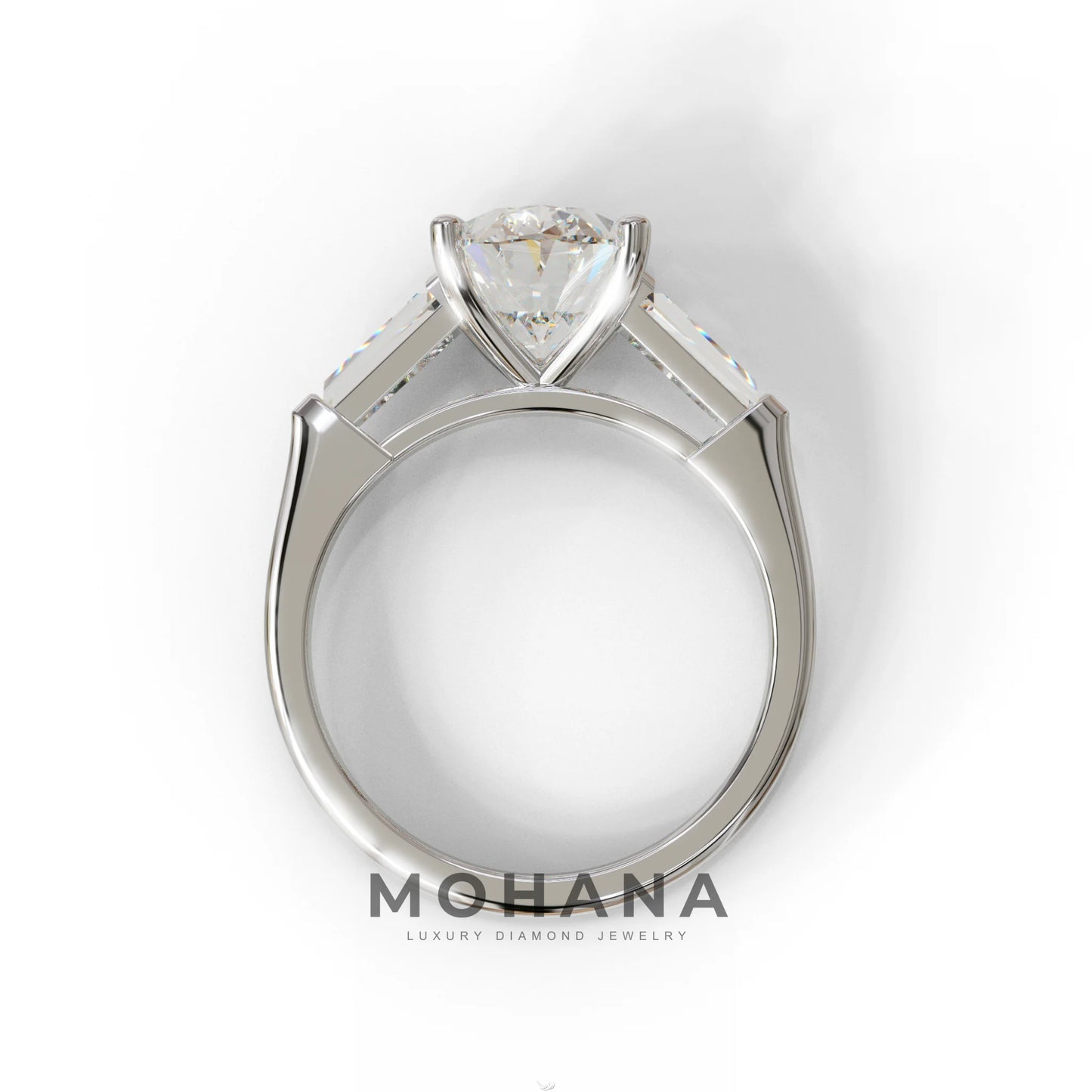 3.75 Carat E/VVS Oval & Tapered Baguette Lab Grown Diamond Three Stone Engagement Ring