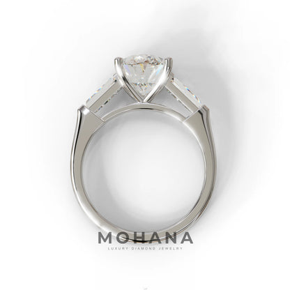 3.75 Carat E/VVS Oval & Tapered Baguette Lab Grown Diamond Three Stone Engagement Ring